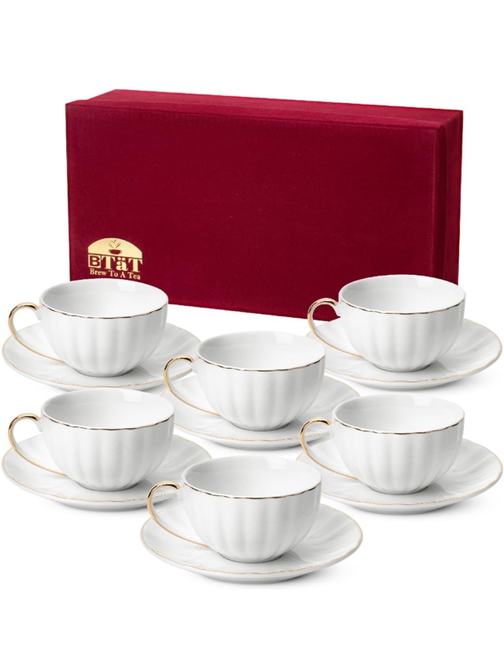Tea Coffee Cups 7 oz Gift Box, Set of 6, White Porcelain Coffee Set Golden Trim